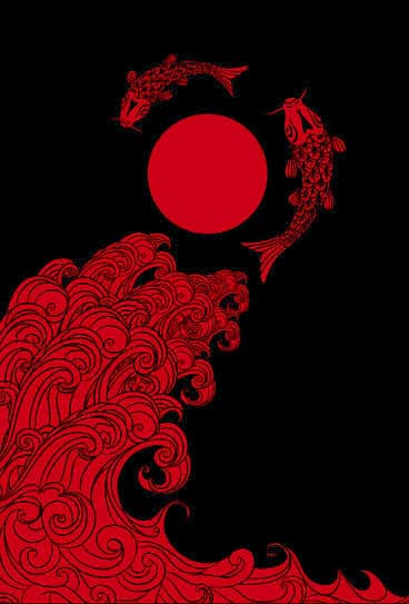 Two koi leaping over red waves beneath a vermilion sun